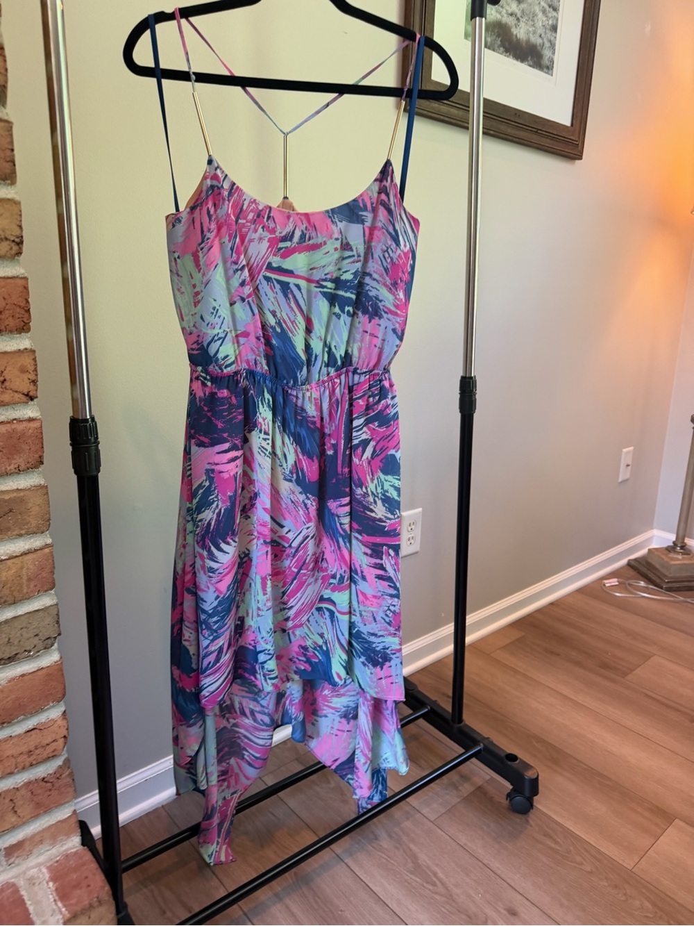 BCBG Michelle Summer Abstract Print Handkerchief Hem Dress in Pink, Navy & Mint